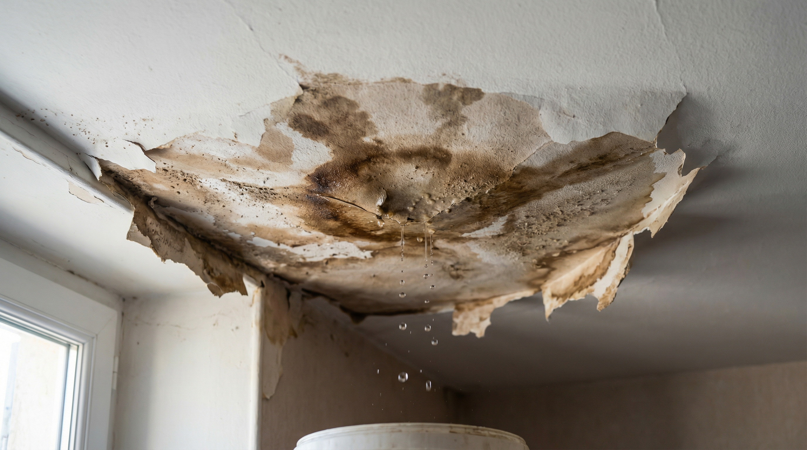 Infiltration d'eau au plafond causée par une toiture mal entretenue
