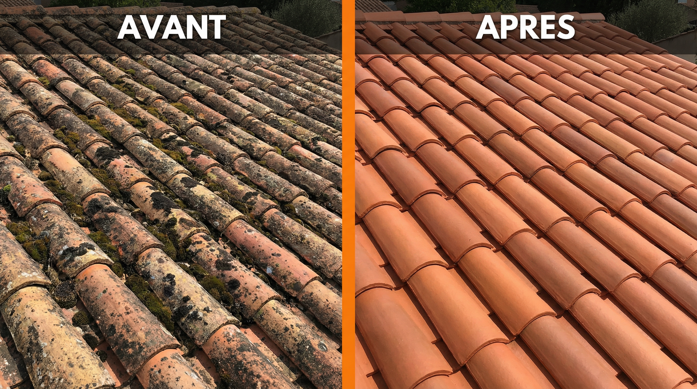 Toiture avant et après démoussage - Tuiles françaises