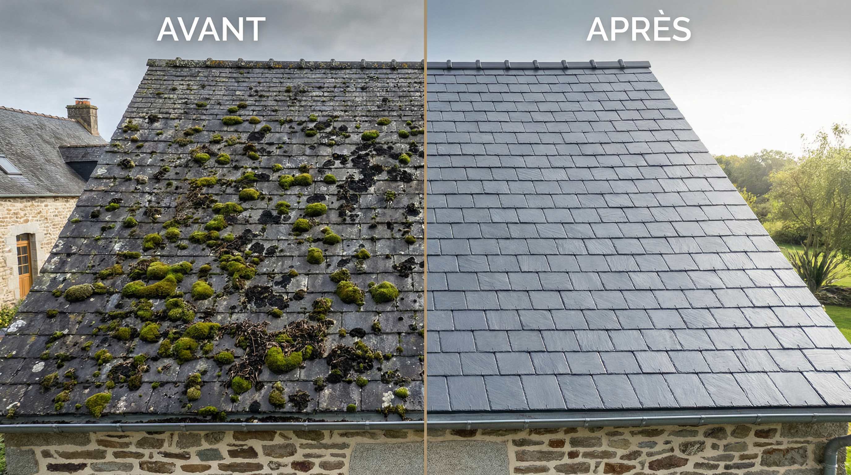 Toiture avant et après démoussage - Ardoises