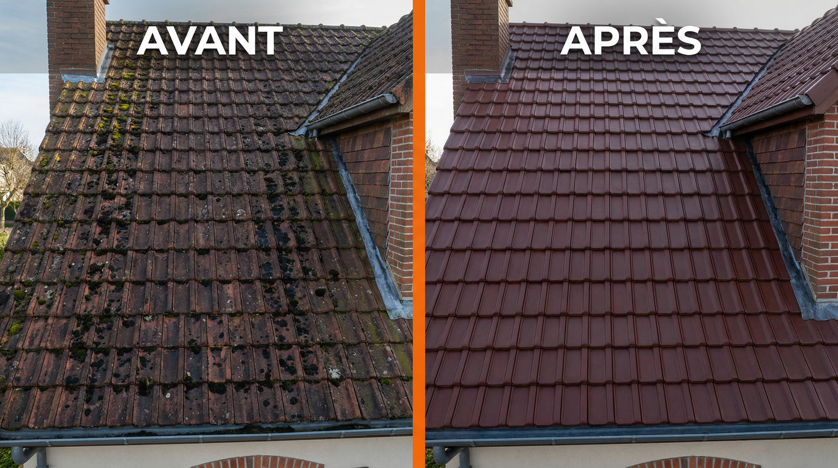 Toiture avant et après démoussage - Tuiles mécaniques