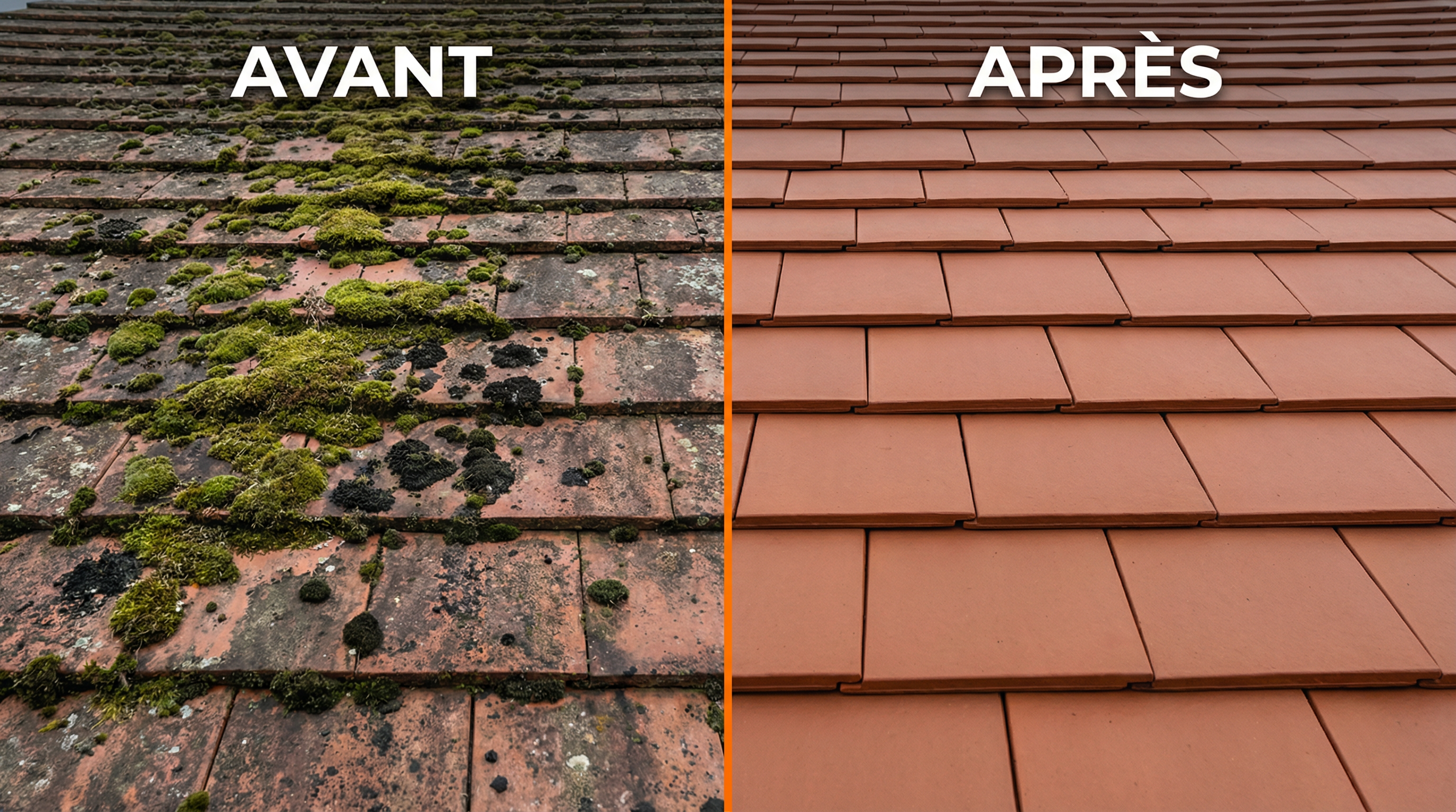 Toiture avant et après démoussage - Tuiles plates